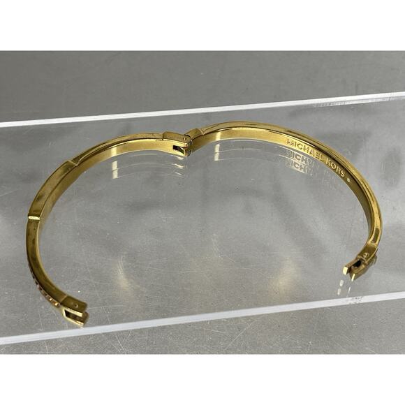 Michael Kors Gold Brown Crystals Bracelet Clasp Bangle Signed - Picture 5 of 6
